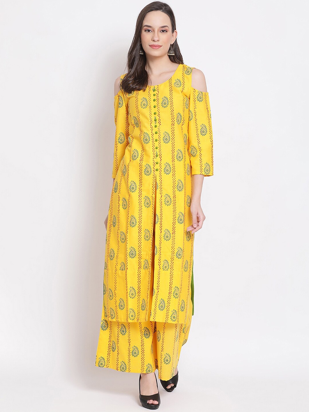 

Varkha Fashion Women Yellow Floral Embroidered Pleated Kurti with Sharara