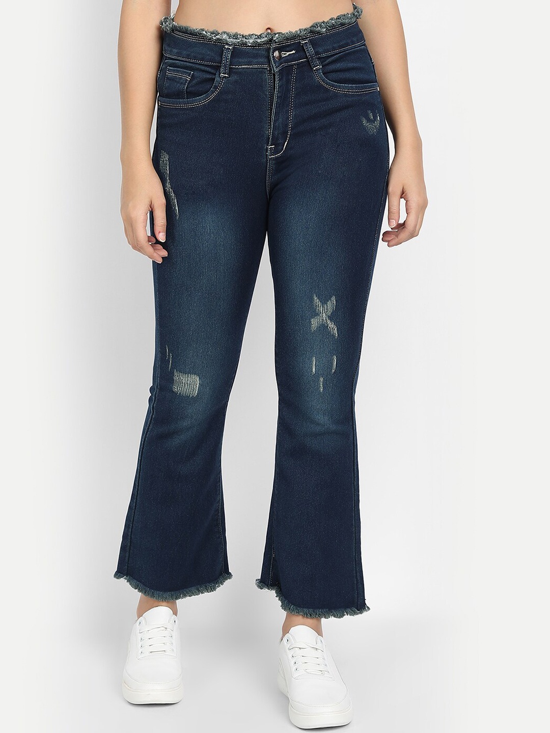 

River Of Design Jeans Women Dark Blue Bootcut Low Distressed High-Rise Stretchable Jeans