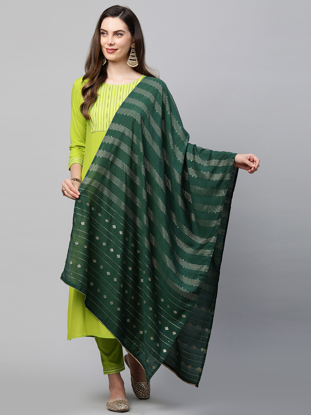 

GoSriKi Women Green Yoke Design Kurta with Trousers & Dupatta