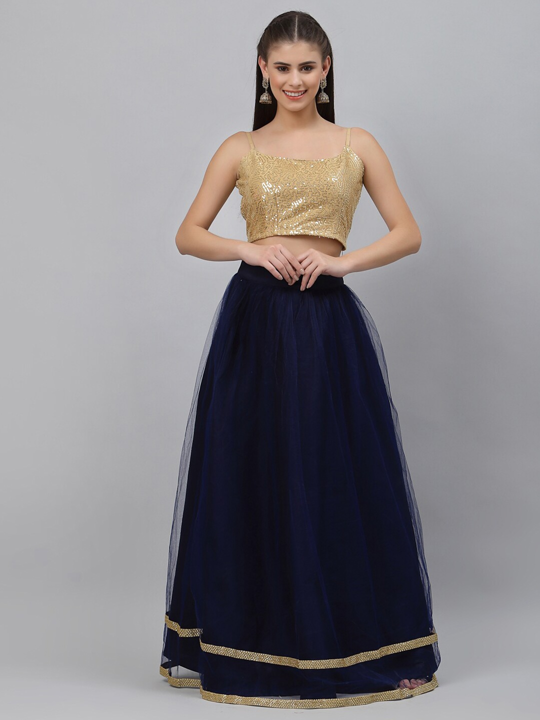 

studio rasa Navy Blue & Beige Embellished Sequinned Ready to Wear Lehenga
