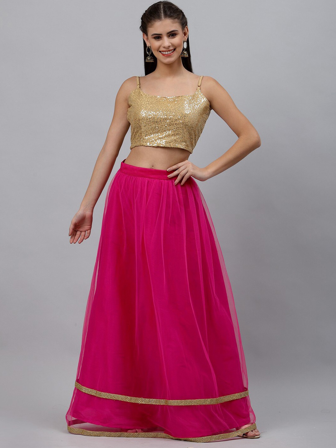 

studio rasa Fuchsia & Gold-Toned Embellished Sequinned Ready to Wear Lehenga
