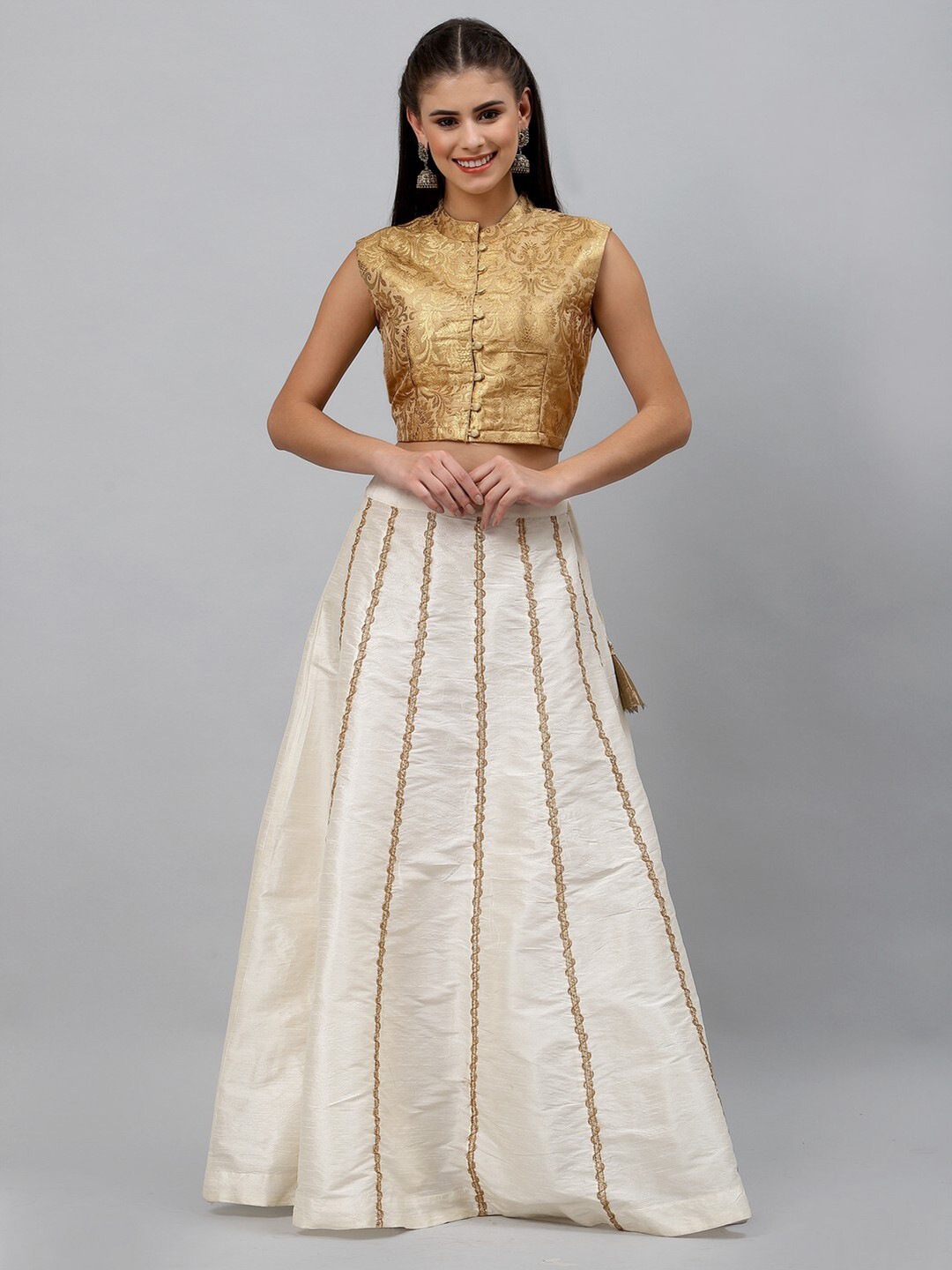 

studio rasa Off White & Gold-Toned Thread Work Ready to Wear Lehenga