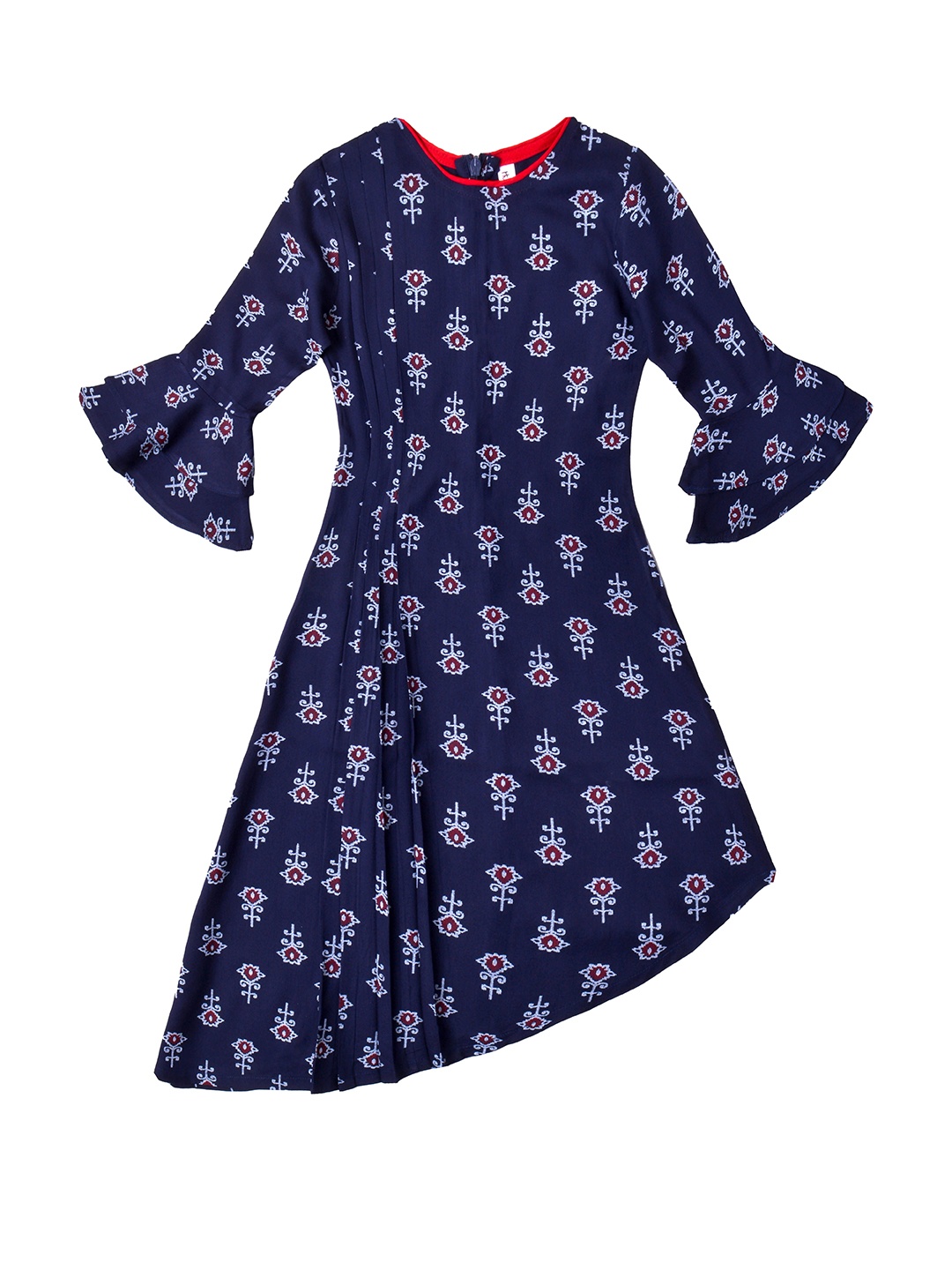 

Hunny Bunny Navy Blue & White Tribal Printed Flared Sleeves Pure Cotton Kurti