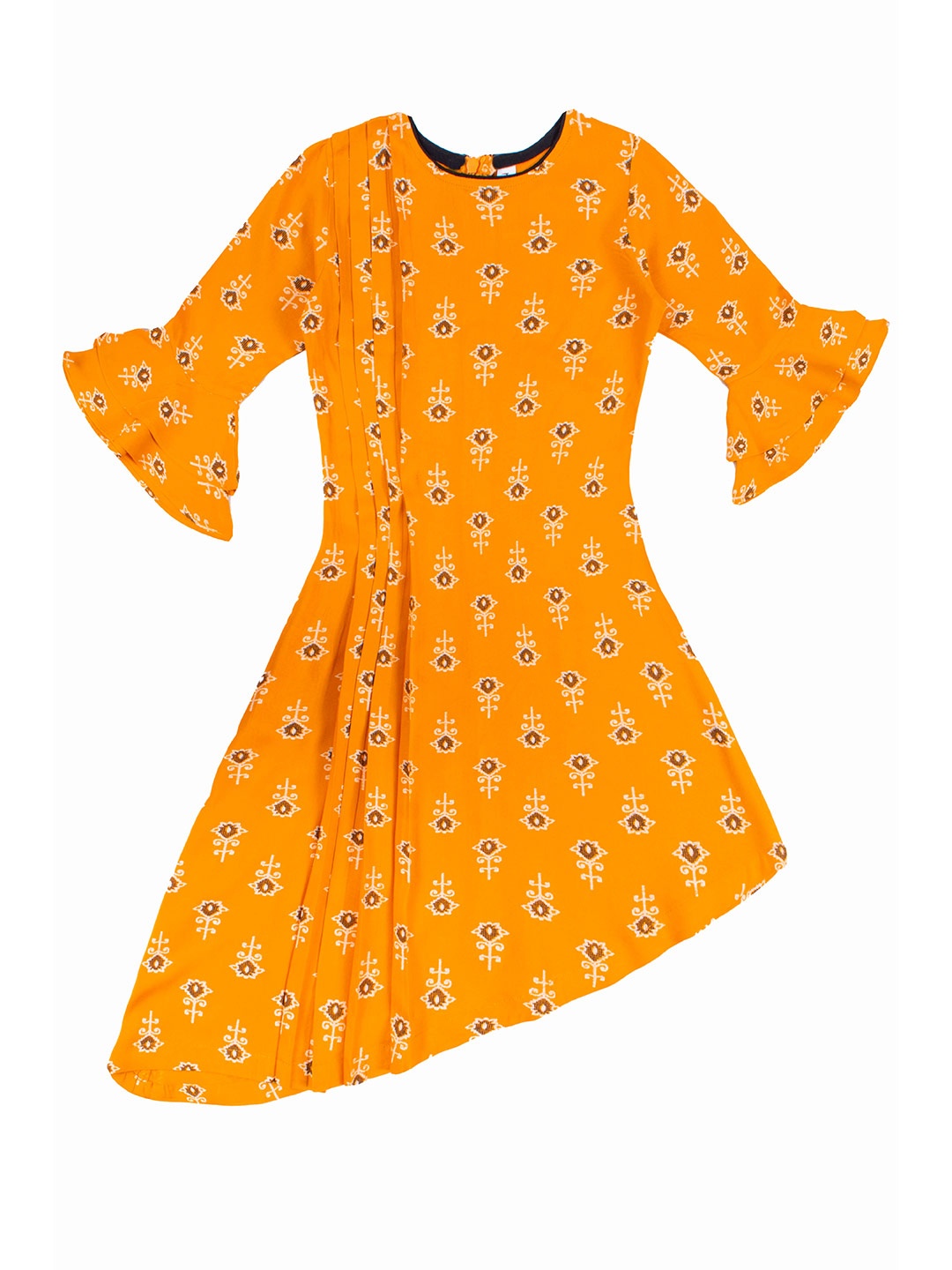 

Hunny Bunny Mustard Yellow & Brown Ethnic Motifs Printed Asymmetric Pure Cotton Kurti