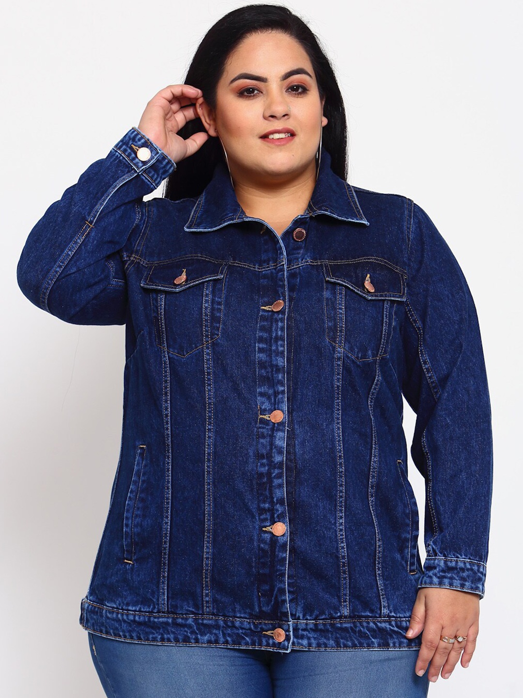 

plusS Women Plus Size Blue Washed Casual Denim Jacket