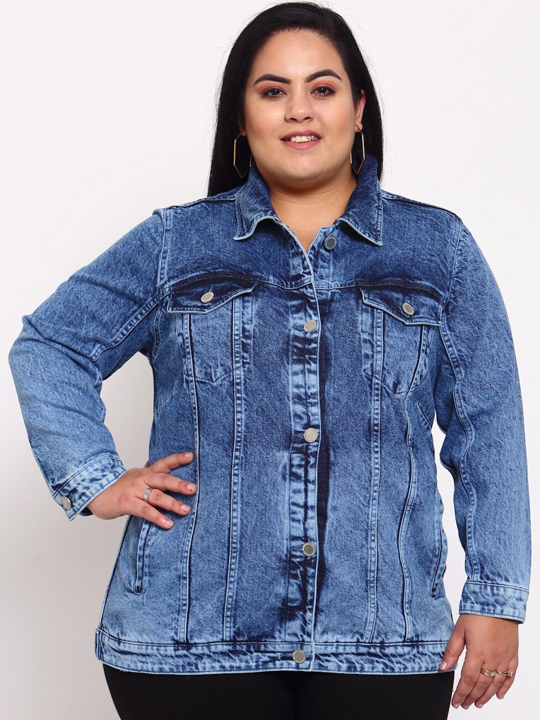 

plusS Women Blue Washed Denim Jacket