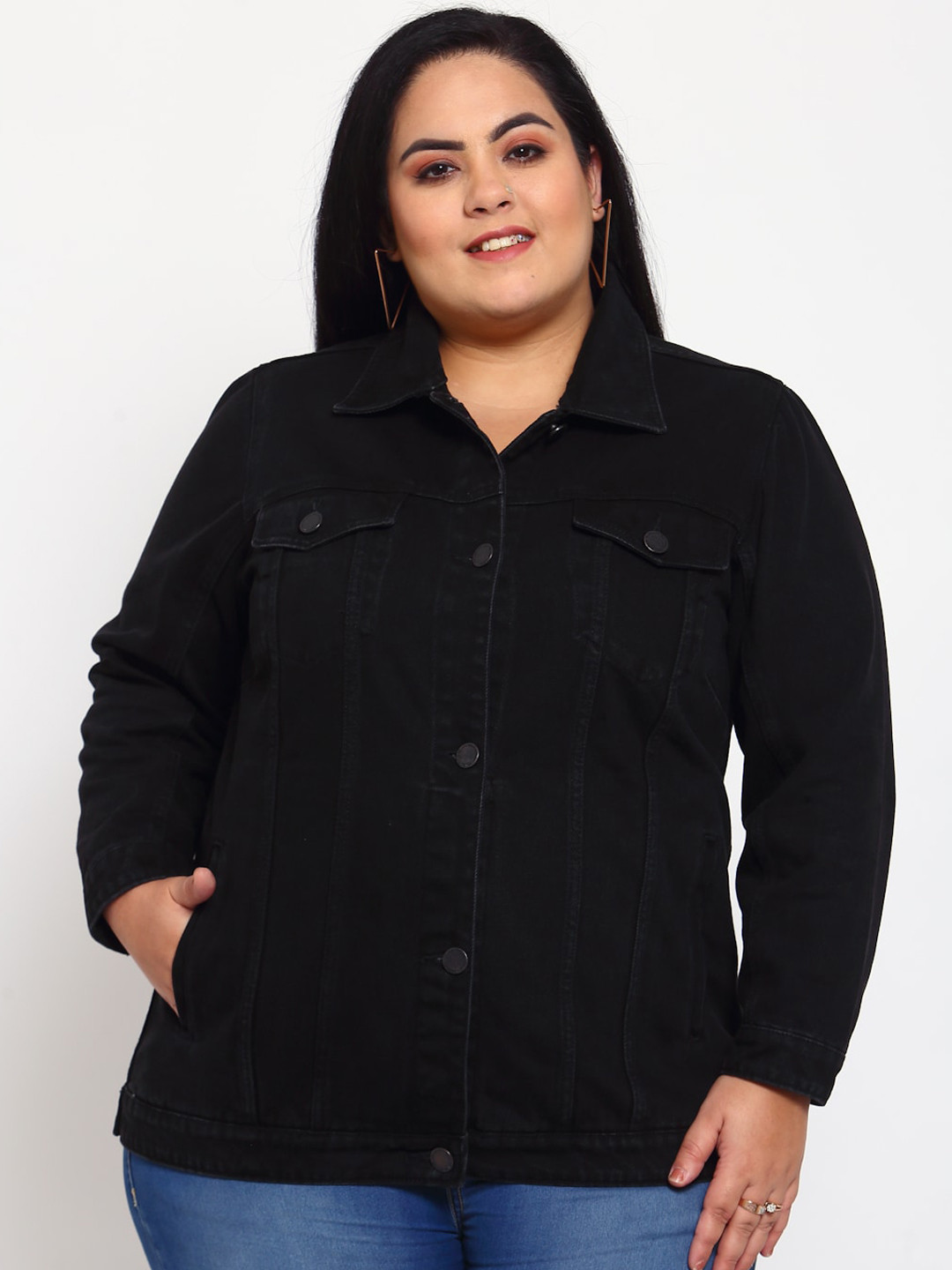 

plusS Women Black Solid Denim Jacket