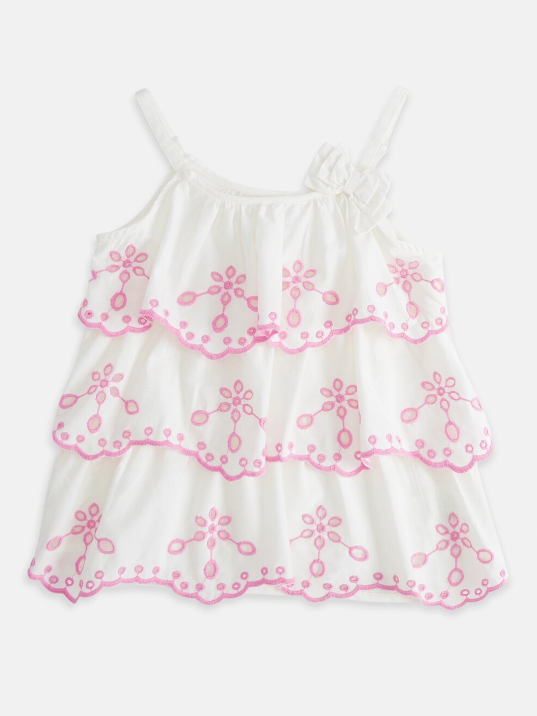 

Pantaloons Junior Girls White & Pink Floral Embroidered Tiered Top