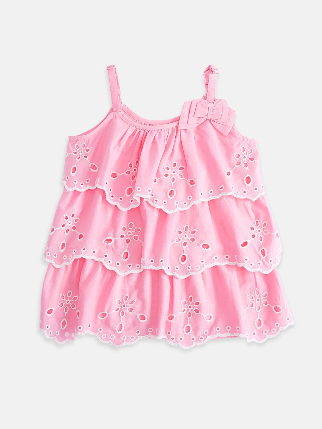 

Pantaloons Junior Pink Self Design Layered Schiffli Pure Cotton Tiered Top