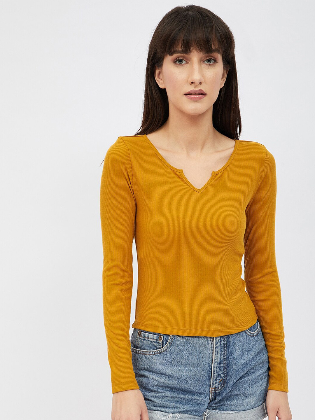 

Harpa Women Mustard V-Neck Full Sleeves Top