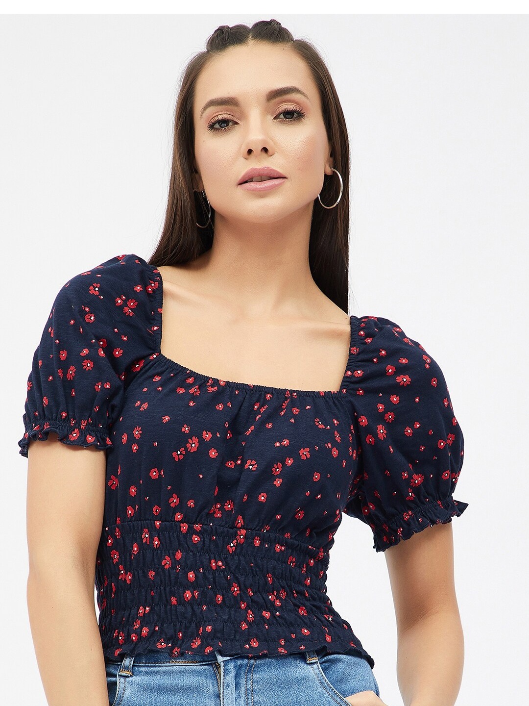

Harpa Navy Blue & Red Floral Printed Smocked Crop Top