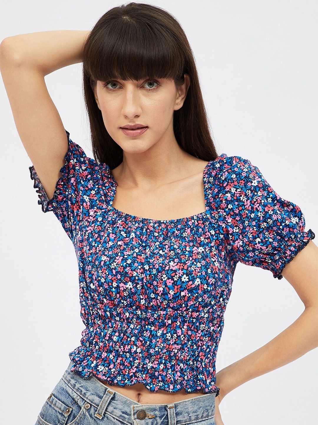 

Harpa Blue & Pink Micro Ditsy Floral Printed Smocked Crop Top