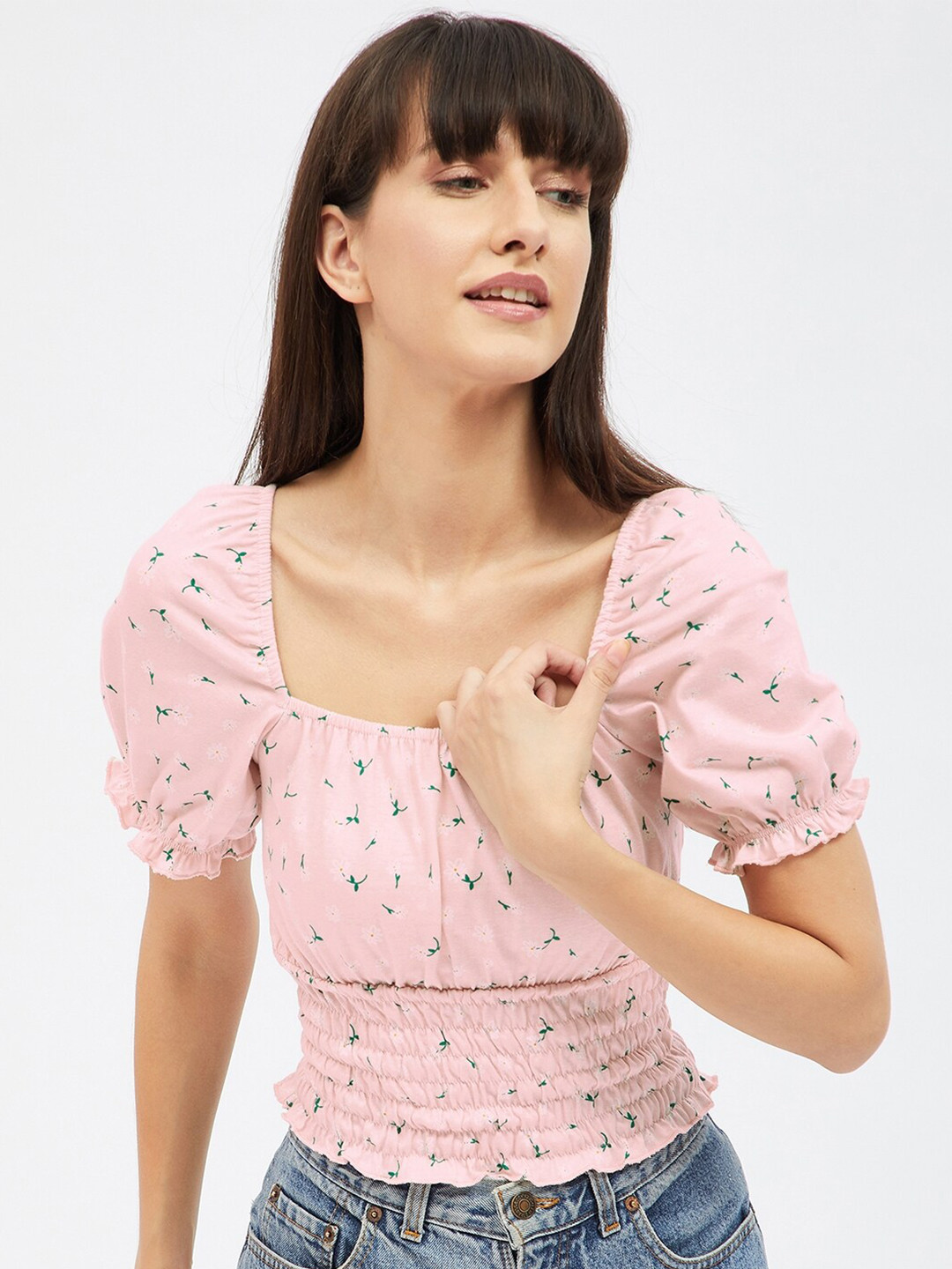 

Harpa Pink Floral Printed Smocked Crop Top