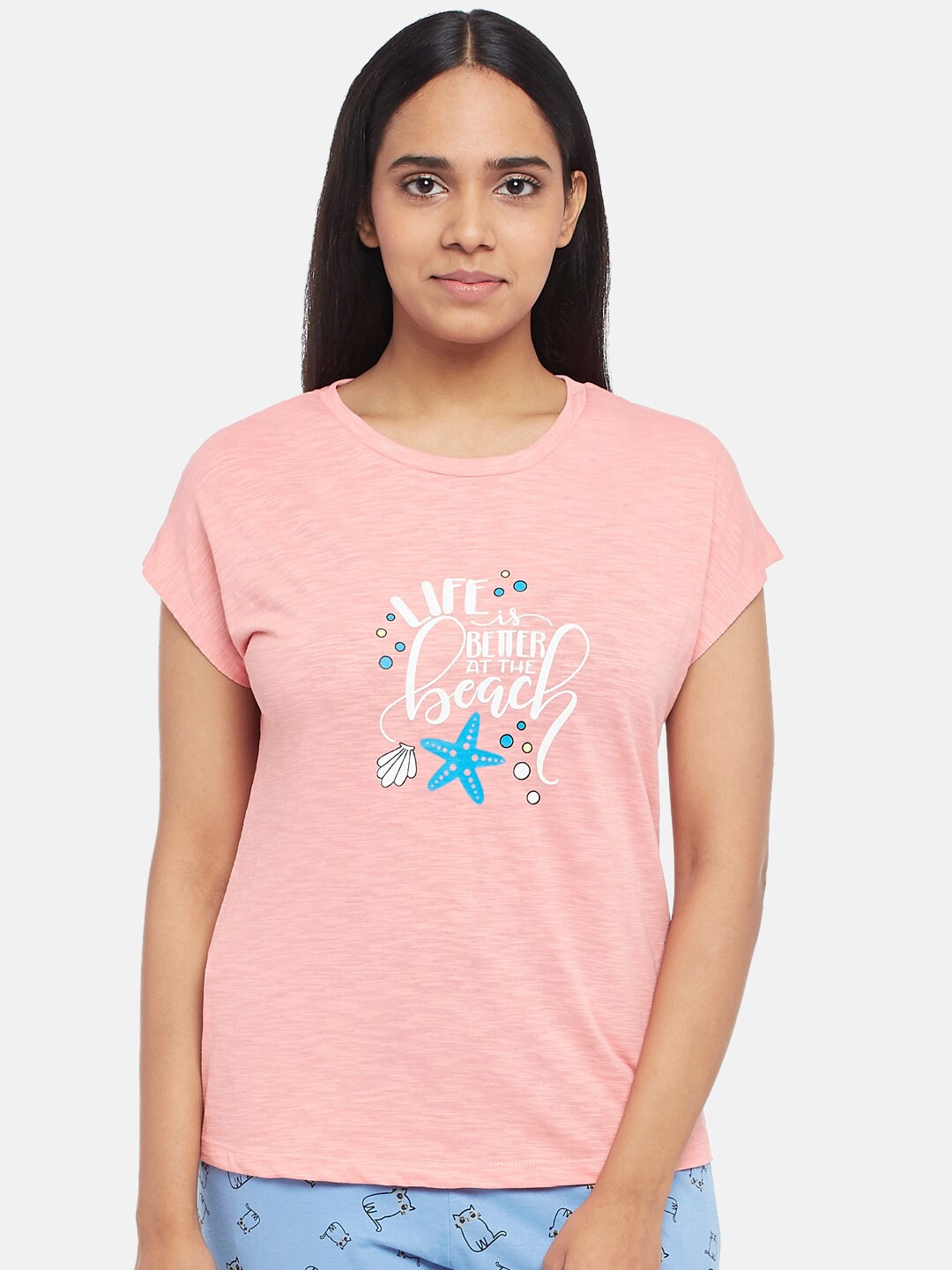 

Dreamz by Pantaloons Women Peach Printed Regular Lounge T Shirt