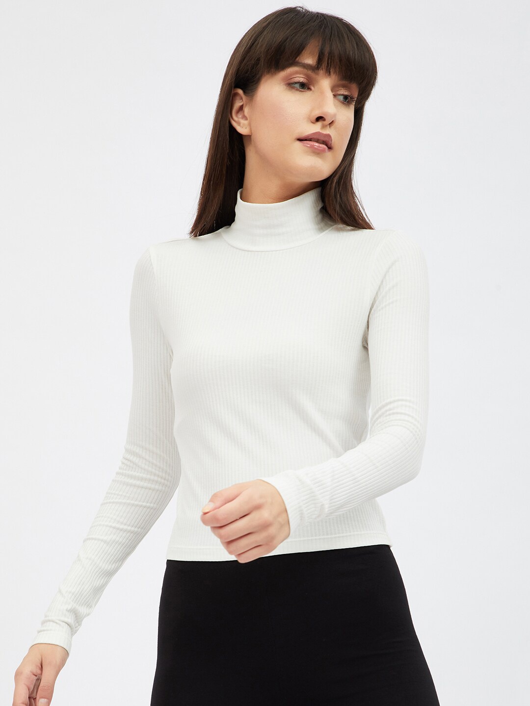

Harpa Women White Striped High Neck Long Sleeves Viscose Rayon Regular Fitted Top