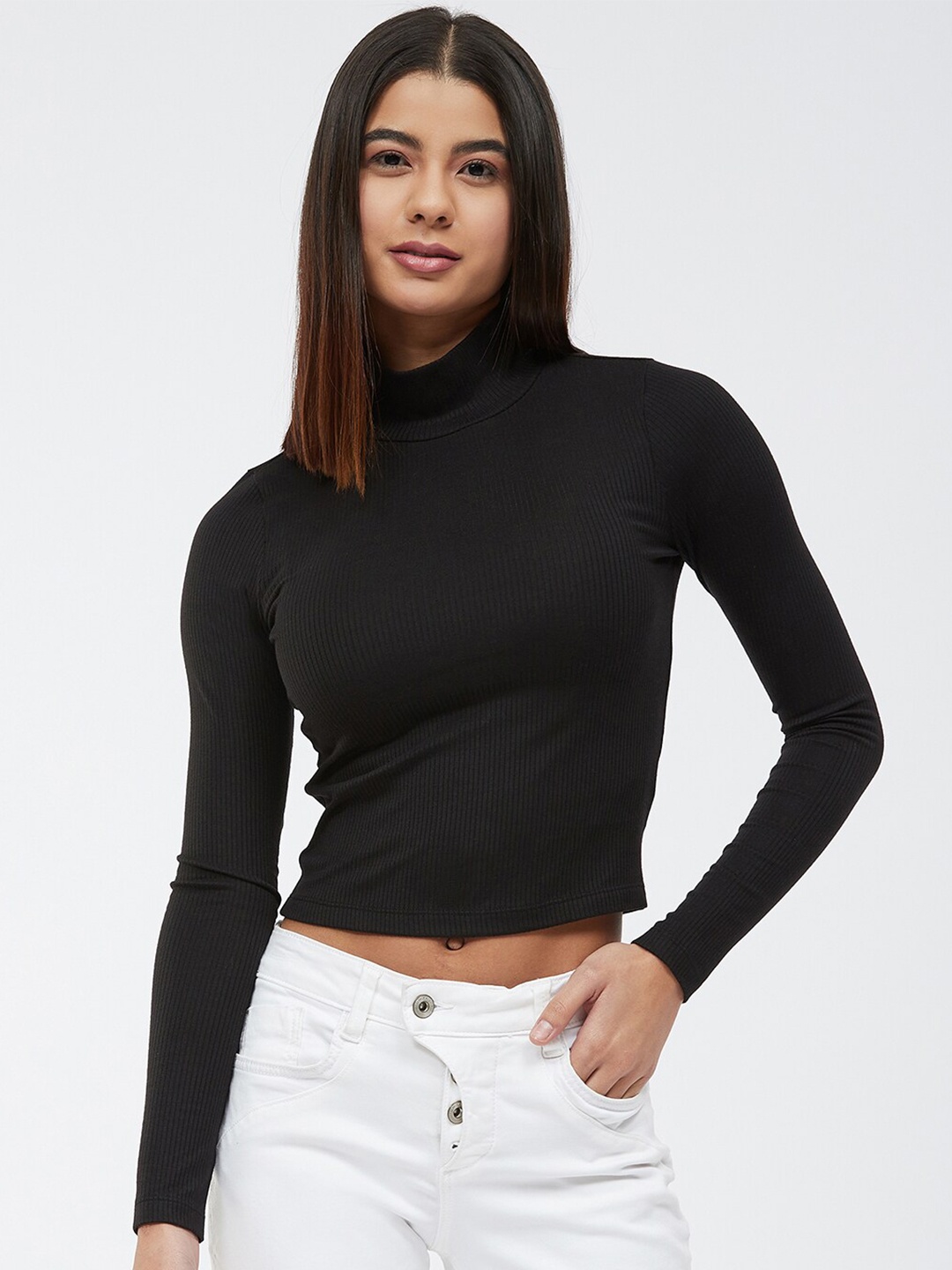 

Harpa Black High Neck Fitted Crop Top