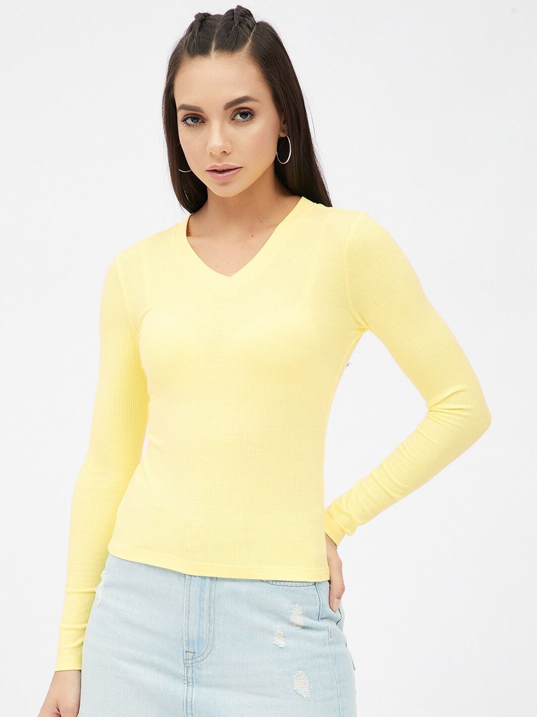 

Harpa Women Yellow Striped Long Sleeves Viscose Rayon T-shirt