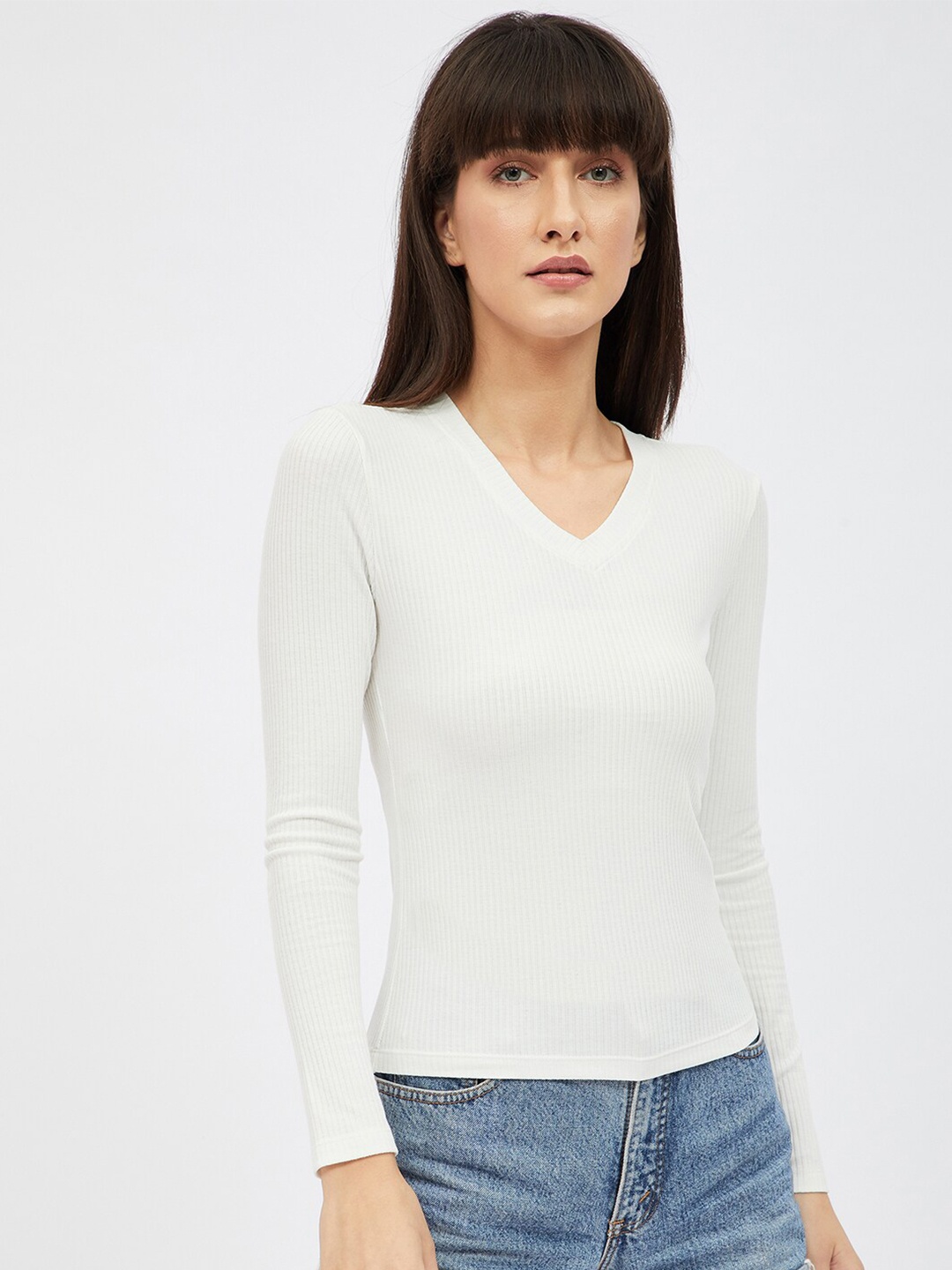 

Harpa Women White Ribbed V-neck Top