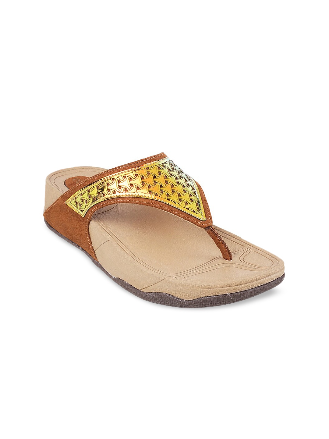 

Metro Women Brown & Gold-Toned Embellished Wedge Sandals with Laser Cuts