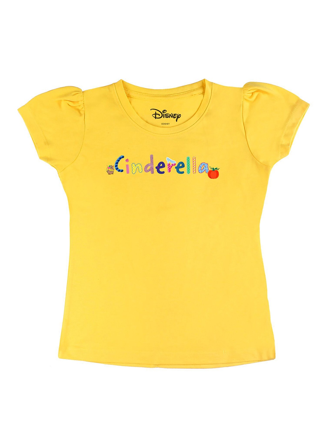 

Disney by Wear Your Mind Girls Yellow Puff Sleeve Printed Pure Cotton T-shirt