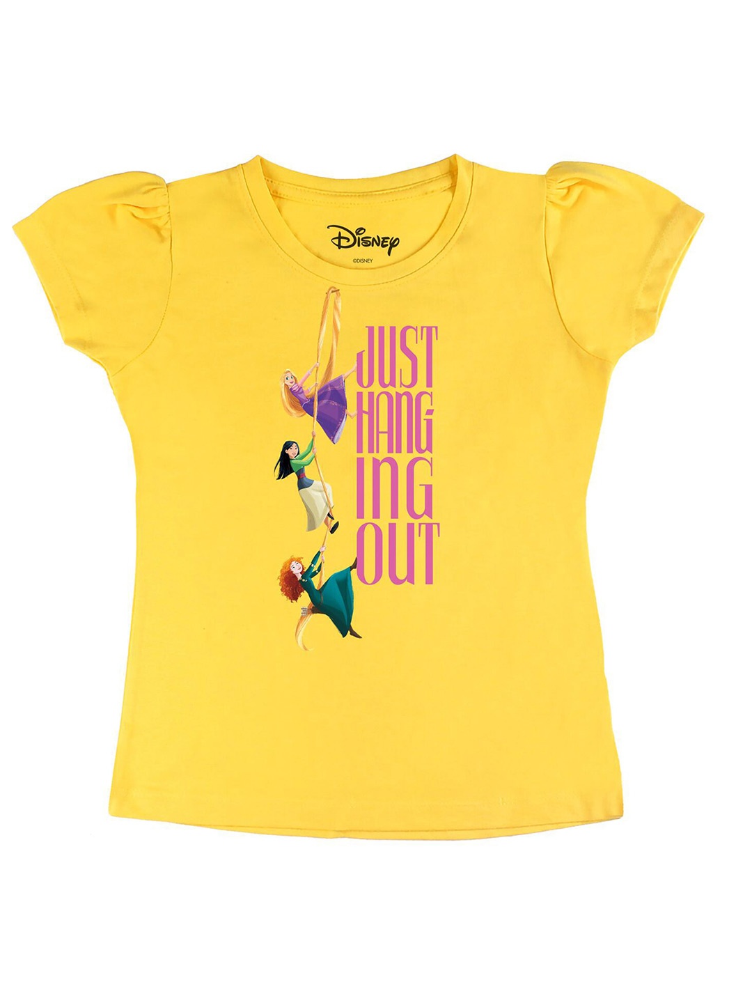 

Disney by Wear Your Mind Girls Yellow Printed Puff Sleeves Pure Cotton T-shirt