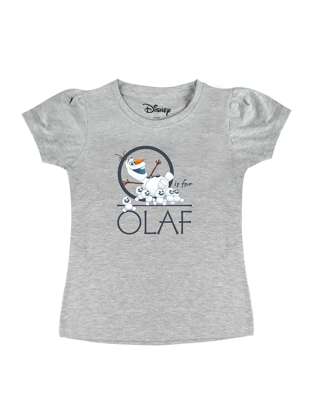 

Disney by Wear Your Mind Girls Grey Olaf Printed Puff Sleeves Pure Cotton T-shirt