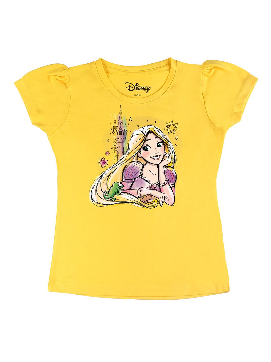 

Disney by Wear Your Mind Girls Yellow Printed Puff Sleeves Pure Cotton T-shirt
