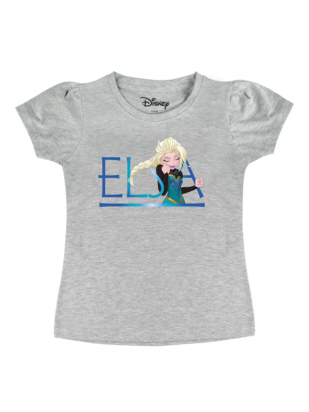 

Disney by Wear Your Mind Girls Grey Elsa Printed Pure Cotton Puff Sleeves Pure Cotton T-shirt