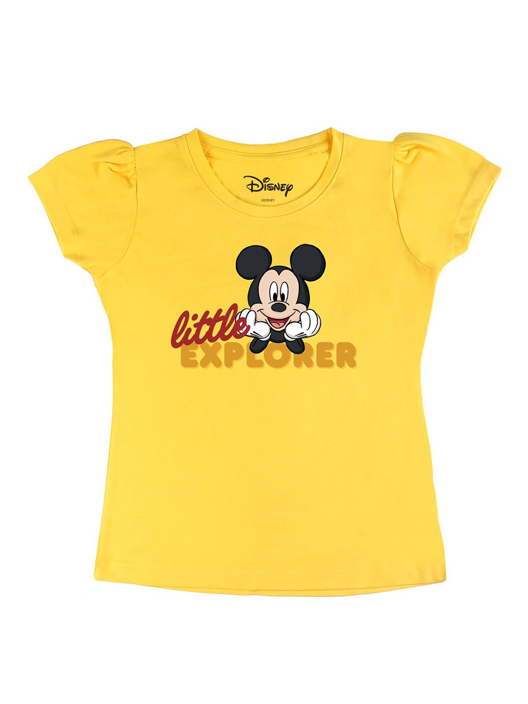 

Disney by Wear Your Mind Girls Yellow Mickey Mouse Printed Puff Sleeves Pure Cotton T-shirt