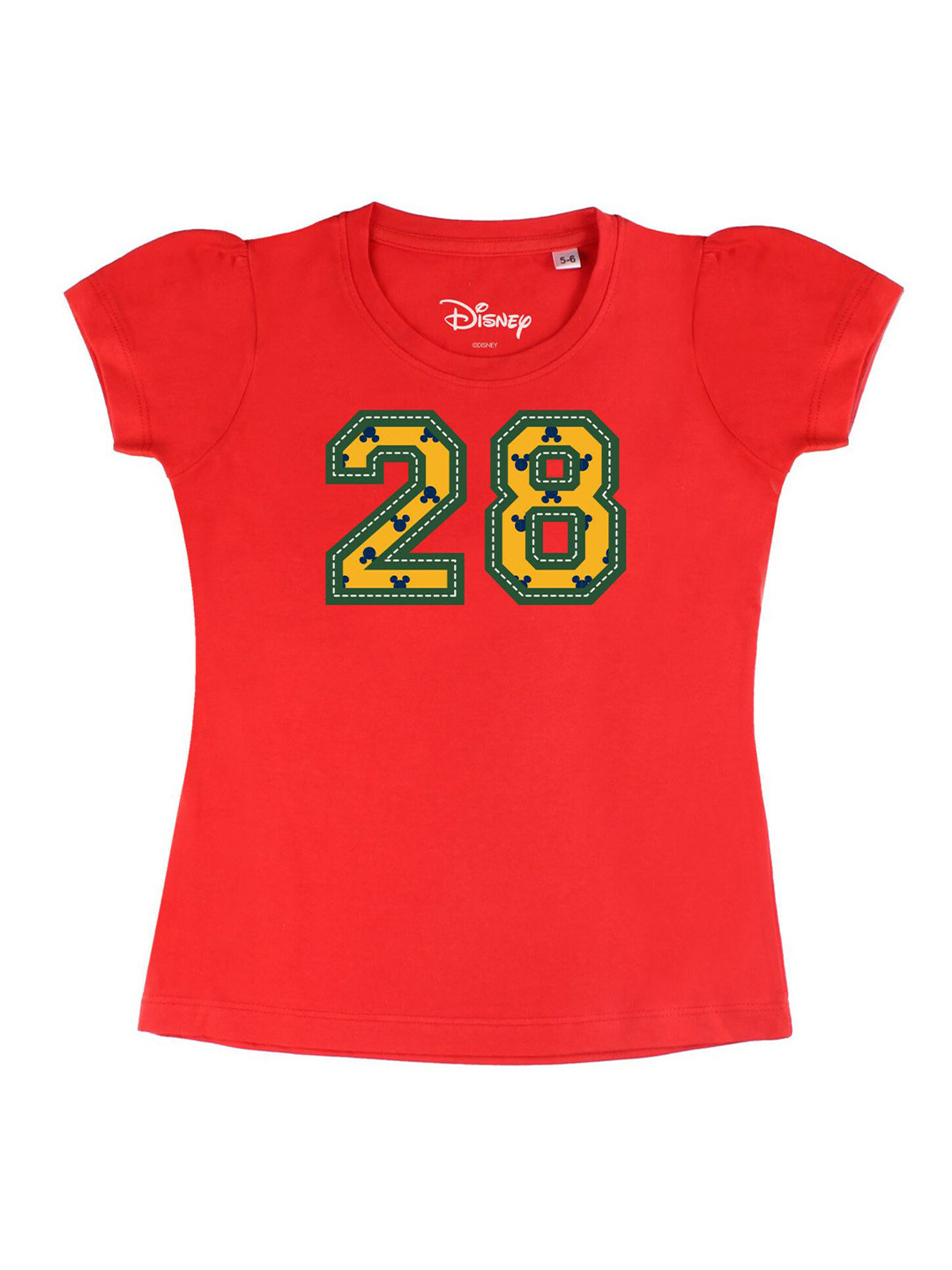 

Disney by Wear Your Mind Girls Red Typography Printed Puff Sleeves Applique Pure Cotton T-shirt
