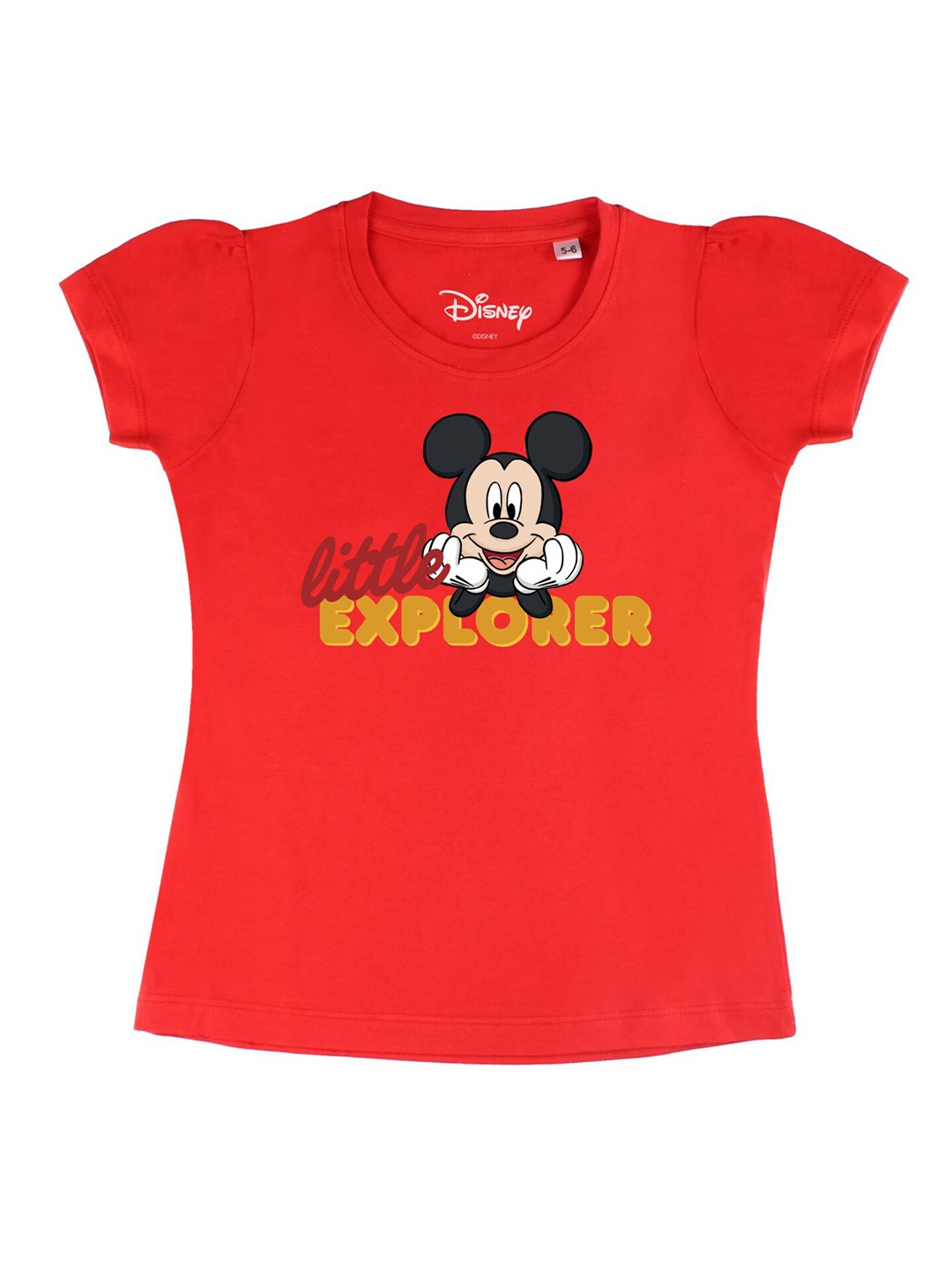 

Disney by Wear Your Mind Girls Red Mickey Mouse Printed Puff Sleeves Pure Cotton T-shirt