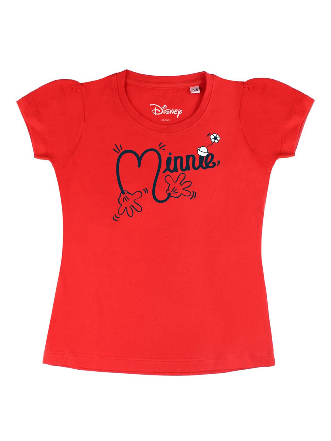 

Disney by Wear Your Mind Girls Red Typography Minnie Mouse Printed Puff Sleeves Pure Cotton T-shirt