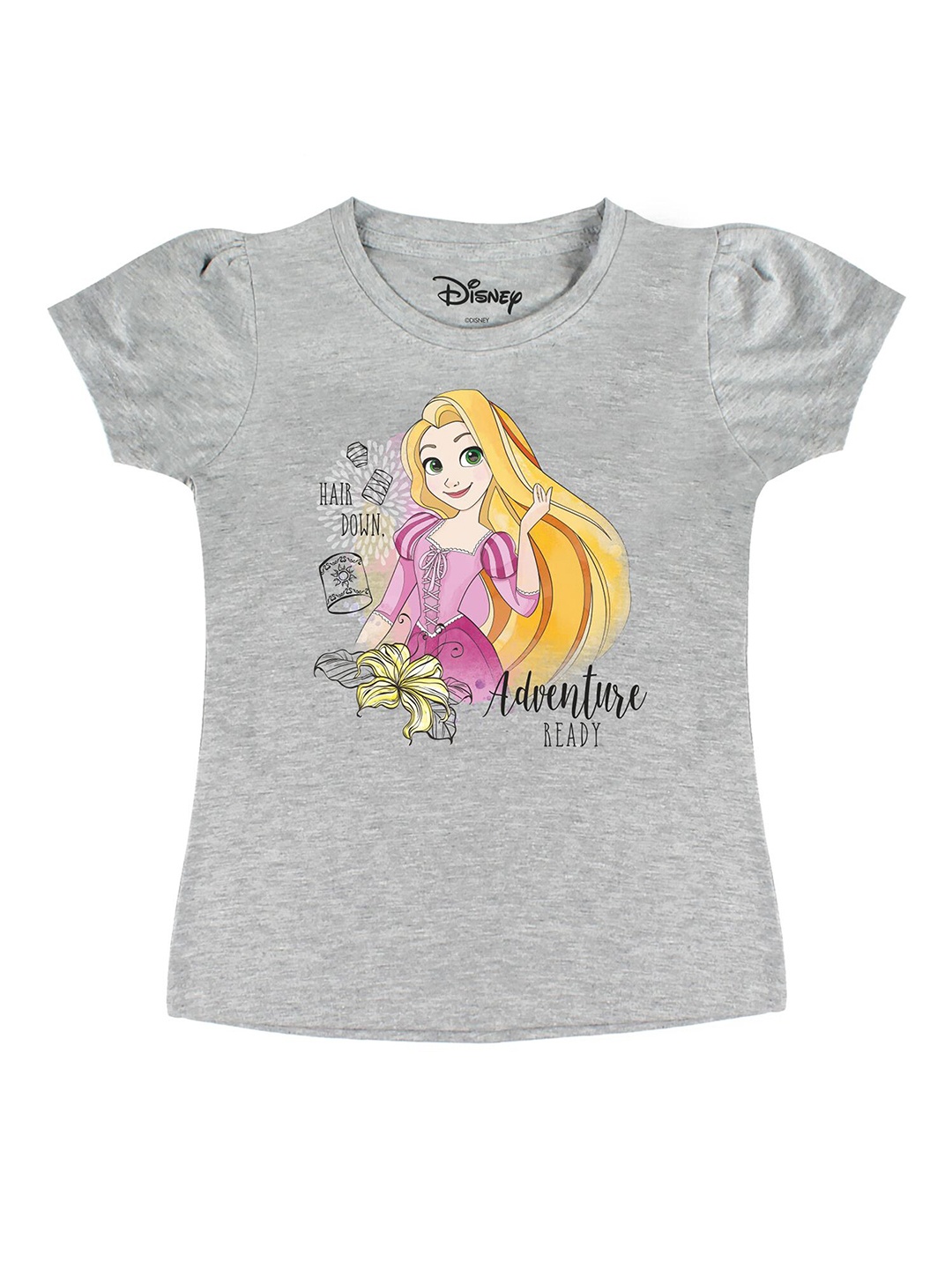 

Disney by Wear Your Mind Girls Grey Printed Puff Sleeves Pure Cotton T-shirt