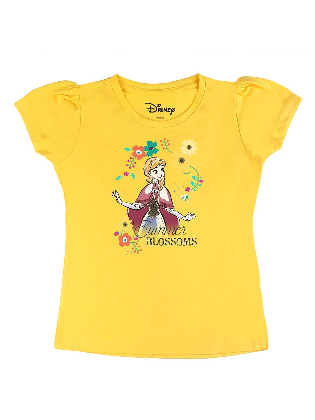 

Disney by Wear Your Mind Girls Yellow Printed Puff Sleeves Pure Cotton T-shirt