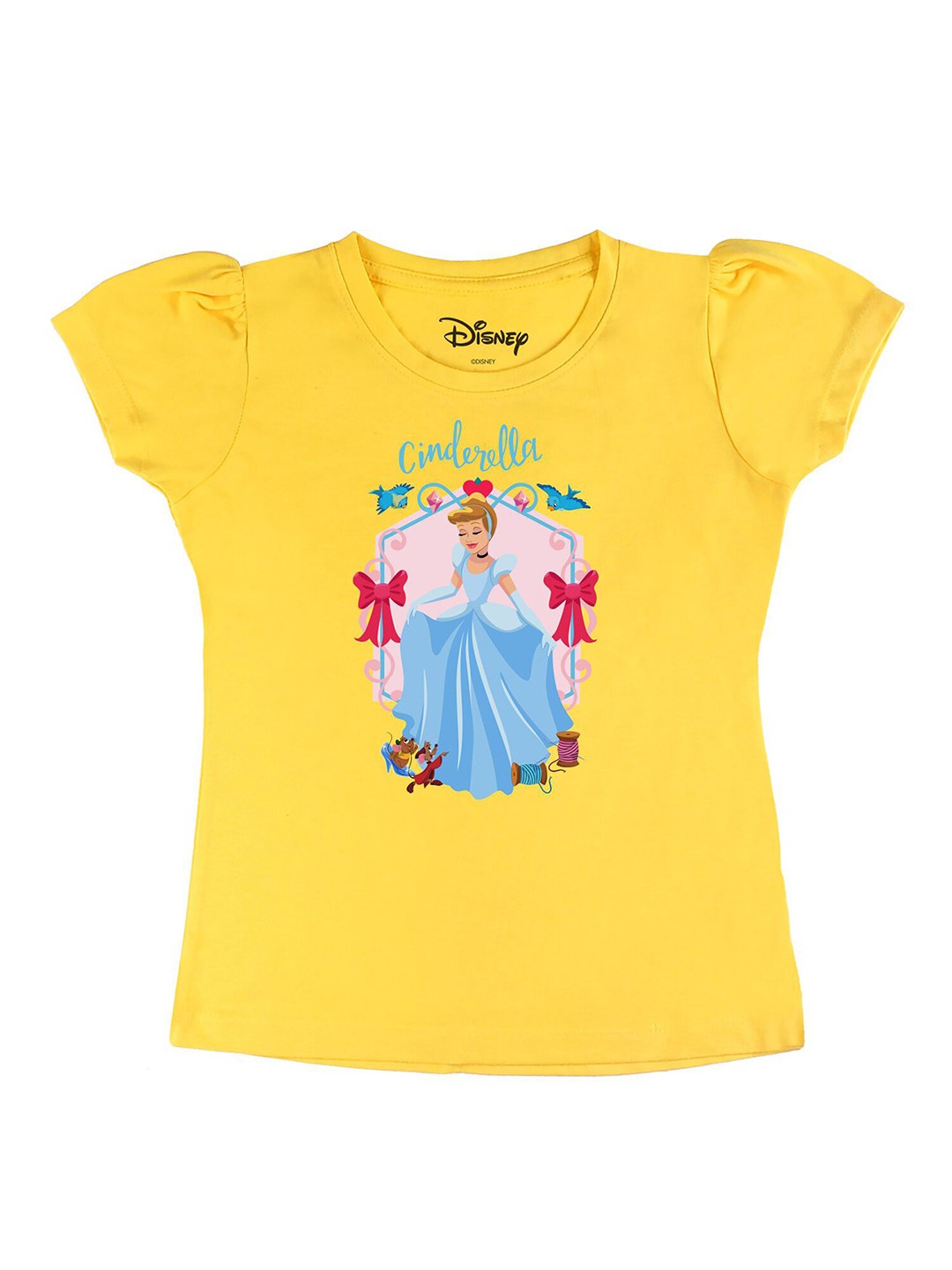 

Disney by Wear Your Mind Girls Yellow Printed Puff Sleeves Pure Cotton T-shirt