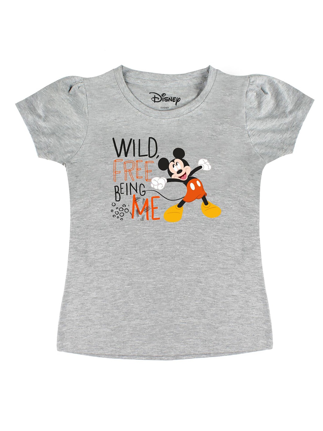 

Disney by Wear Your Mind Girls Grey Typography Mickey Mouse Printed Puff Sleeves Pure Cotton T-shirt