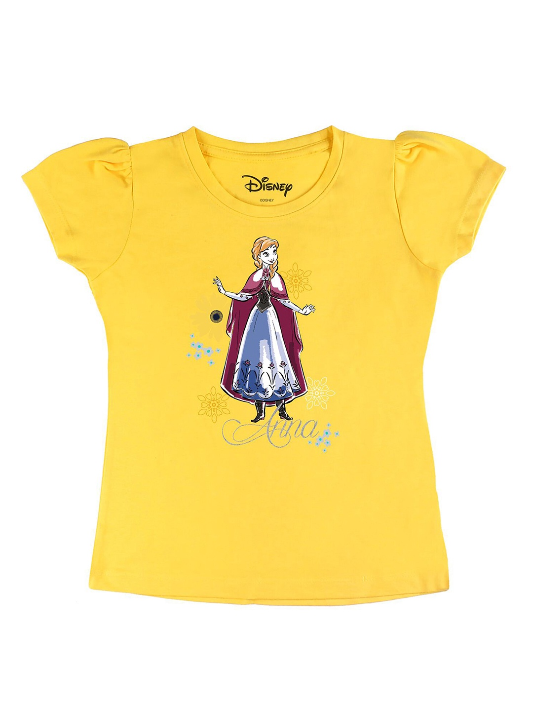 

Disney by Wear Your Mind Girls Yellow Printed Puff Sleeves Pure Cotton T-shirt
