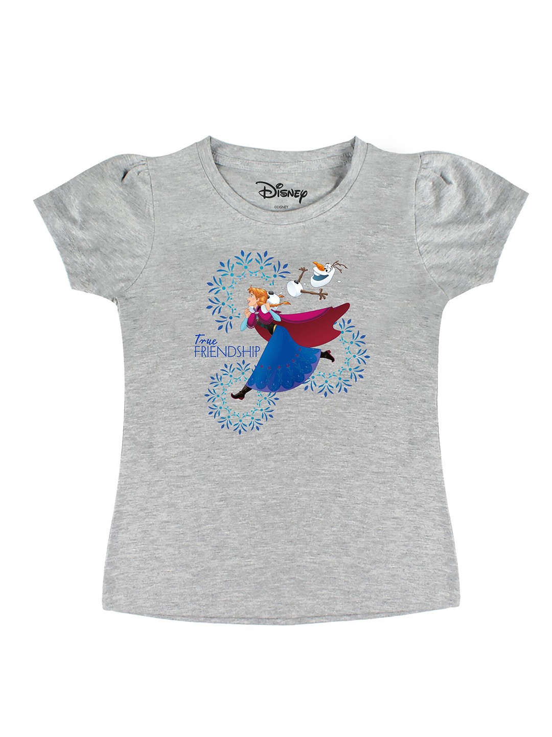 

Disney by Wear Your Mind Girls Grey Printed Puff Sleeves Pure Cotton T-shirt