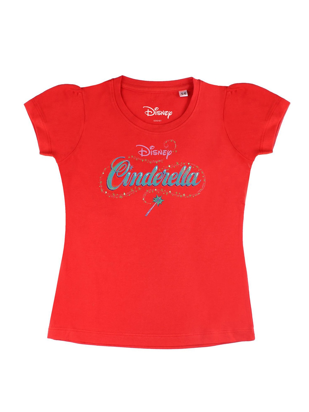 

Disney by Wear Your Mind Girls Red Typography Printed Puff Sleeves Pure Cotton T-shirt