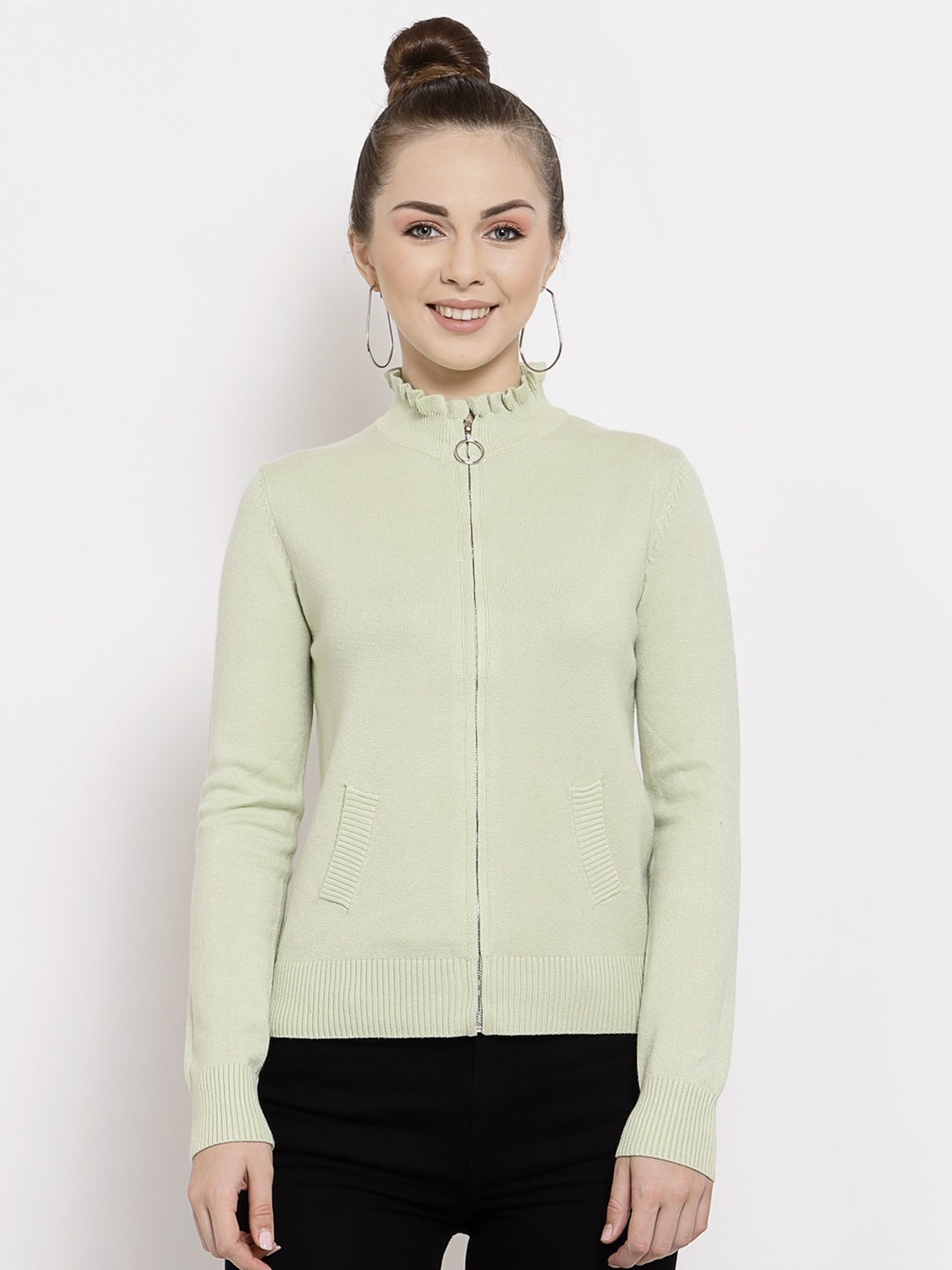 

Mafadeny Women Green Solid Front-Open Sweater With Fringed Neck Detailing