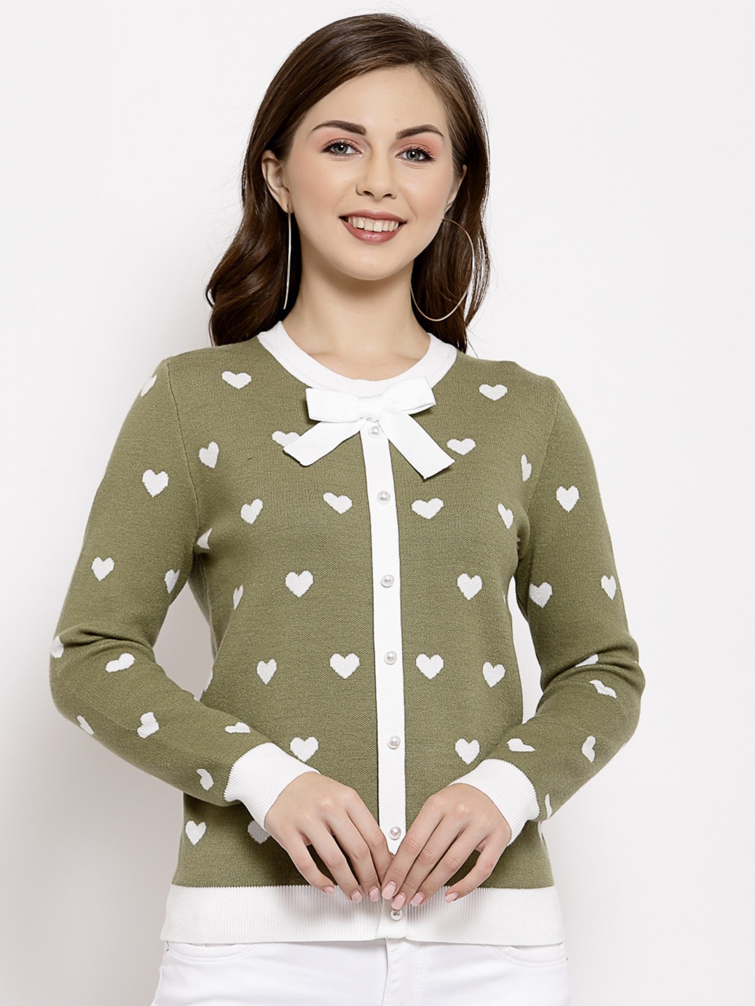 

Mafadeny Women Olive Green & White Printed Sweater