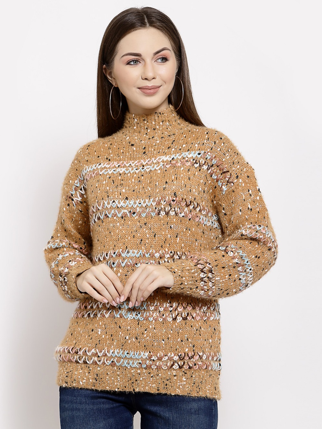 

Mafadeny Women Brown & White Self Design Pullover