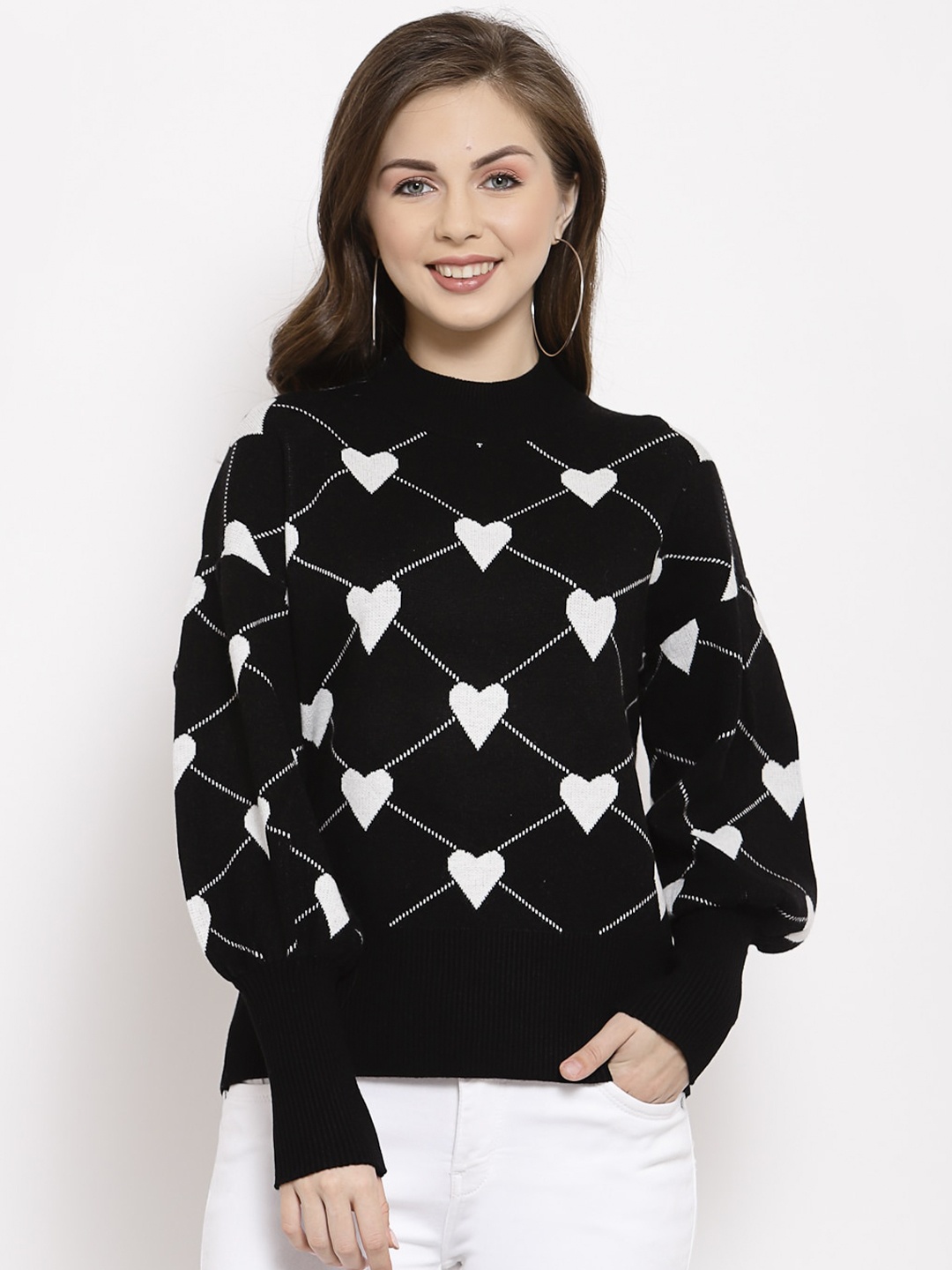 

Mafadeny Women Black & White Self-Design Pullover