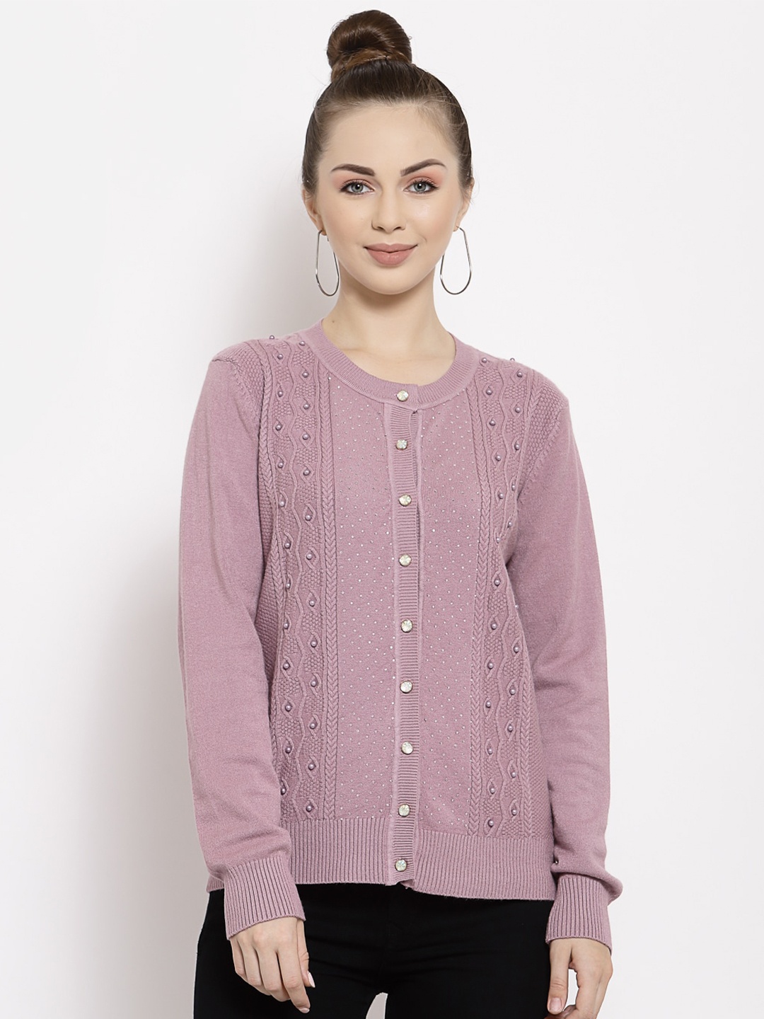 

Mafadeny Women Mauve Cable Knit Cardigan