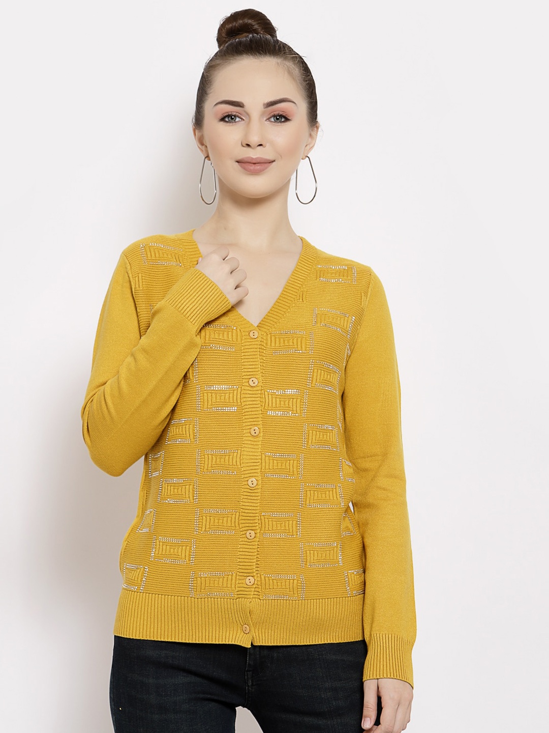 

Mafadeny Women Mustard Cardigan with Embellished Detail