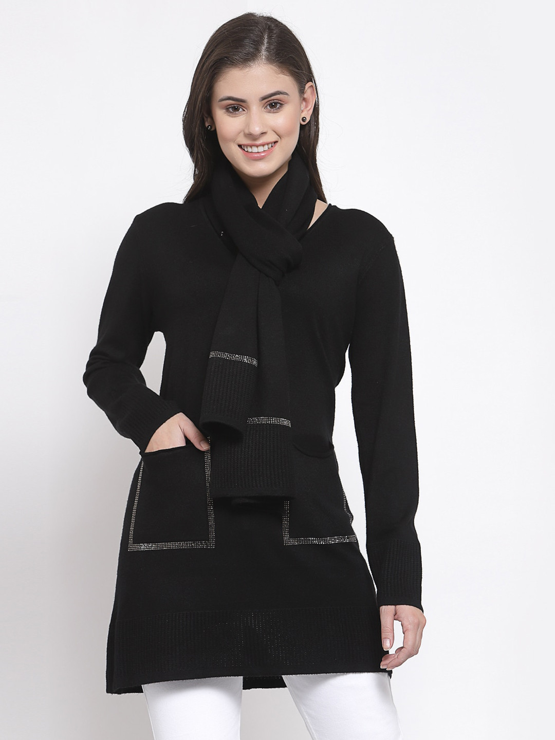 

Mafadeny Women Black Longline Sweater with Muffler