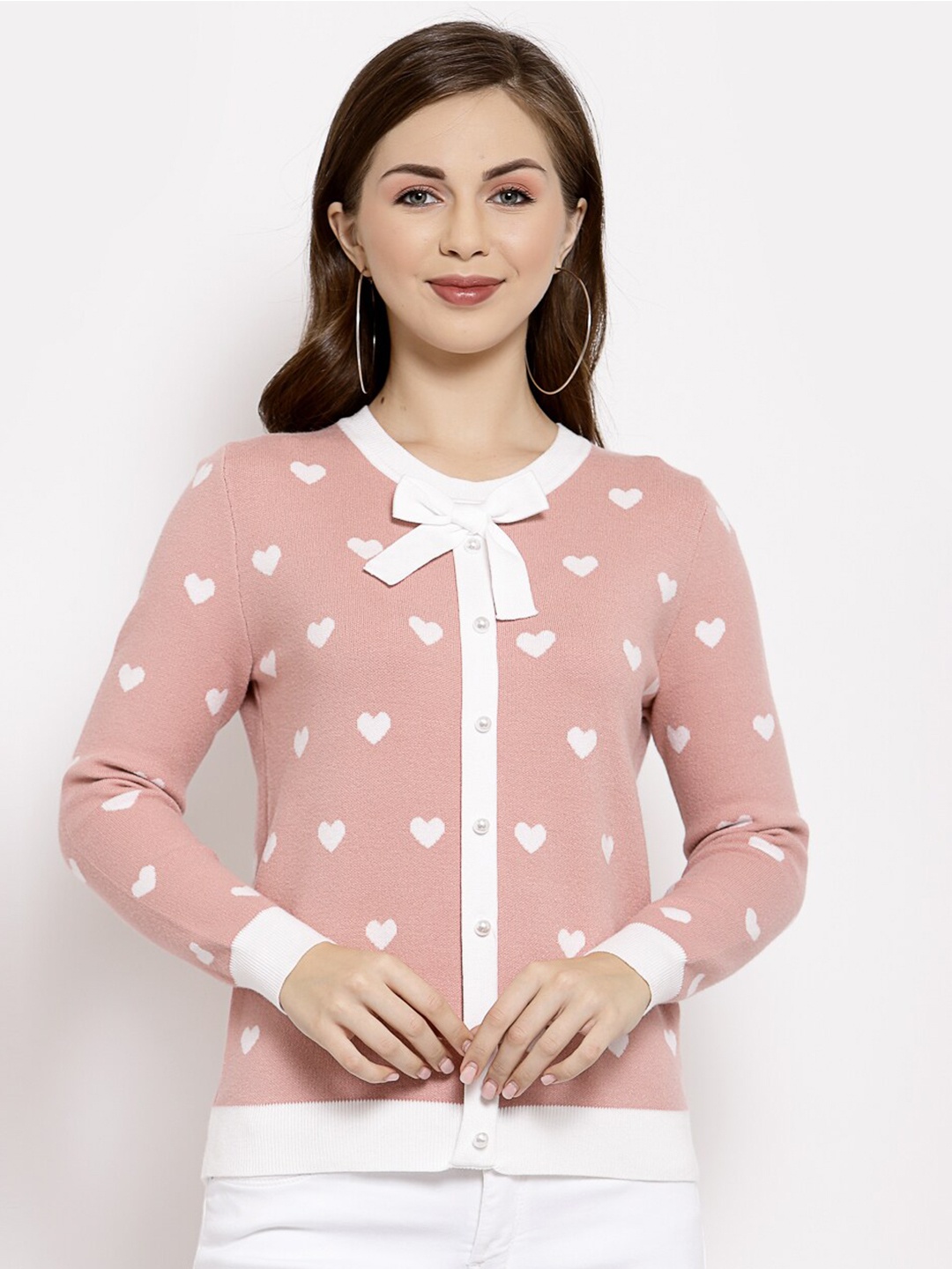 

Mafadeny Women Pink & White Printed Cardigan