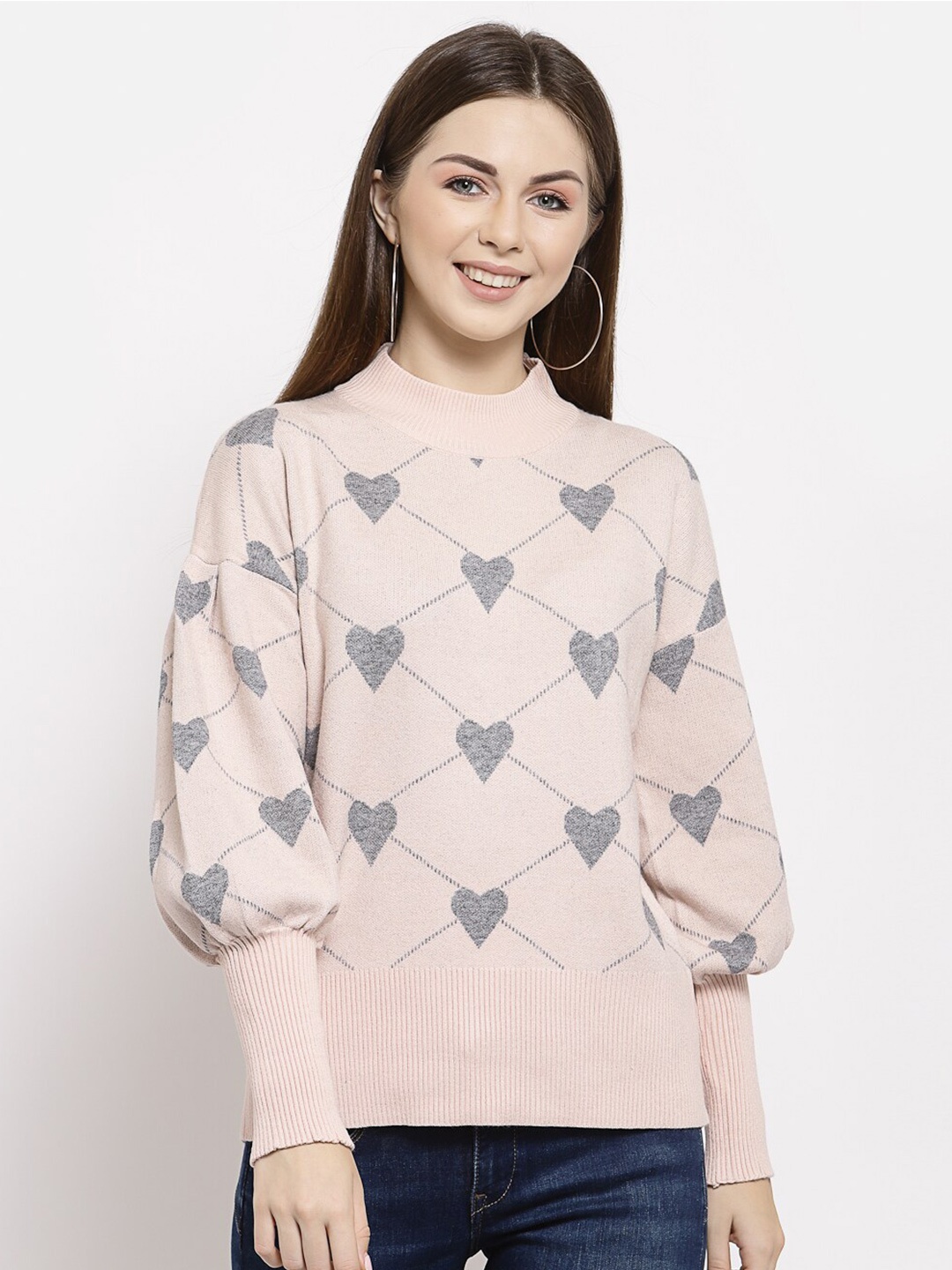 

Mafadeny Women Pink & Grey Self-Design Pullover