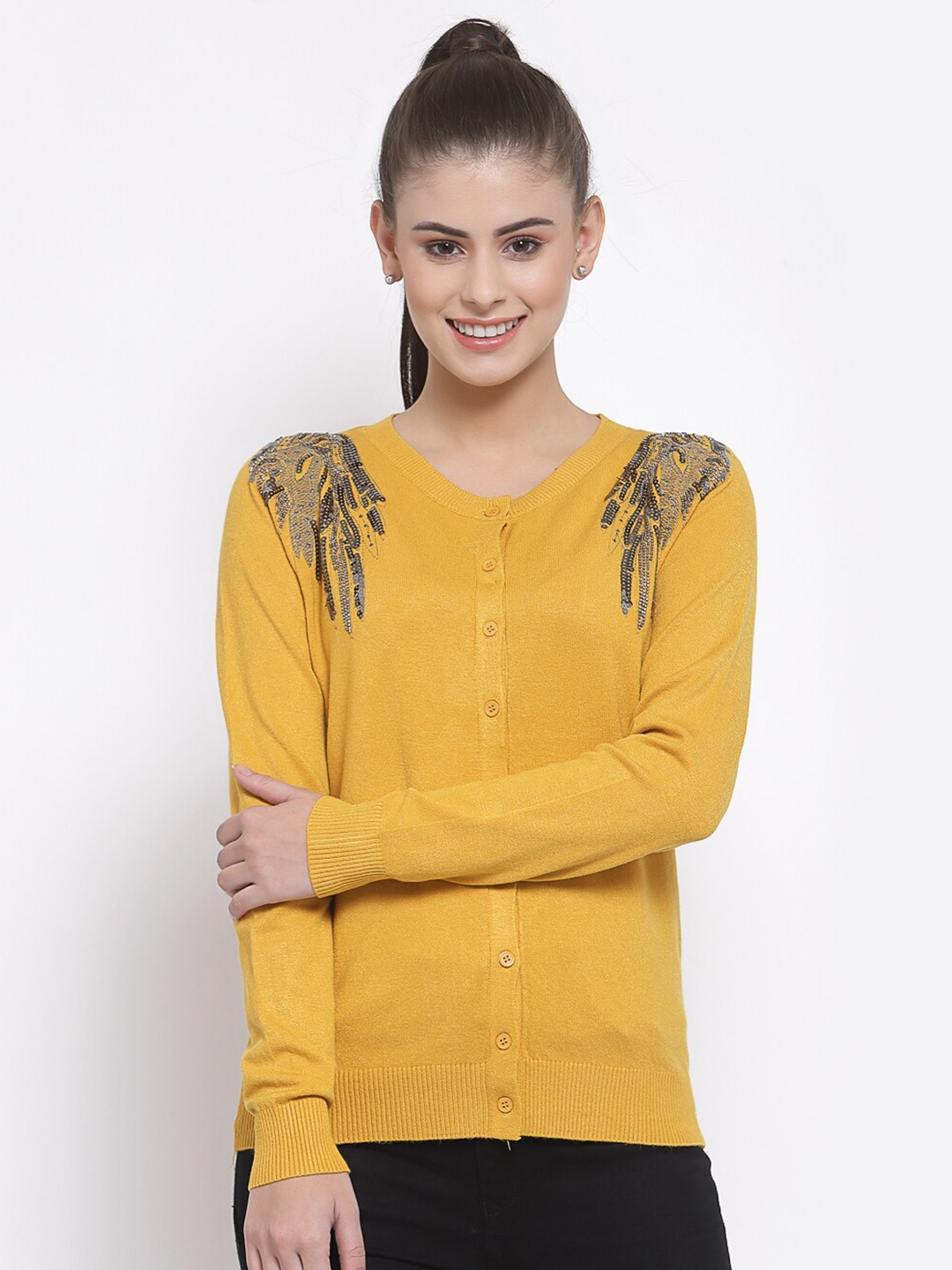 

Mafadeny Women Mustard & Grey Cardigan with Embellished Detail