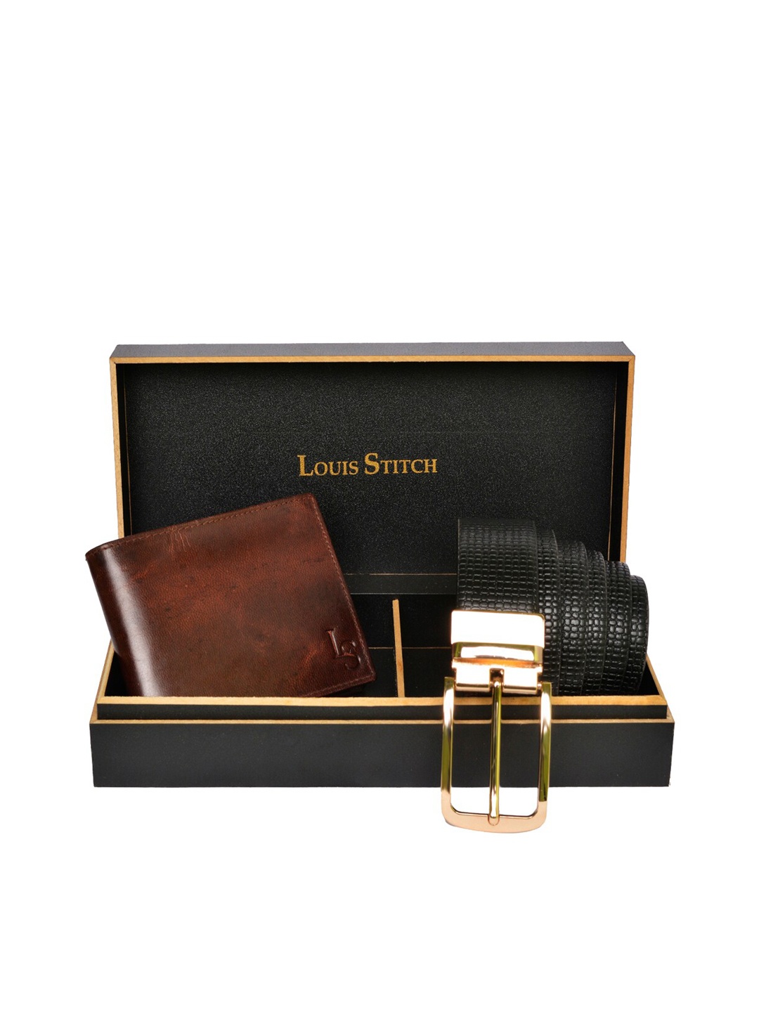 

LOUIS STITCH Men Black & Tan Wallet & Belt Accessory Gift Set